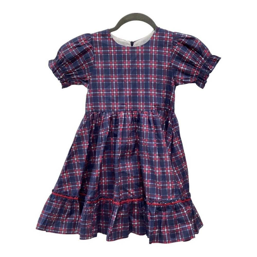 Ollie Jay Girls Navy Red Plaid Cotton Puff Sleeve Ruffle Hem Dress Size 7 NWT